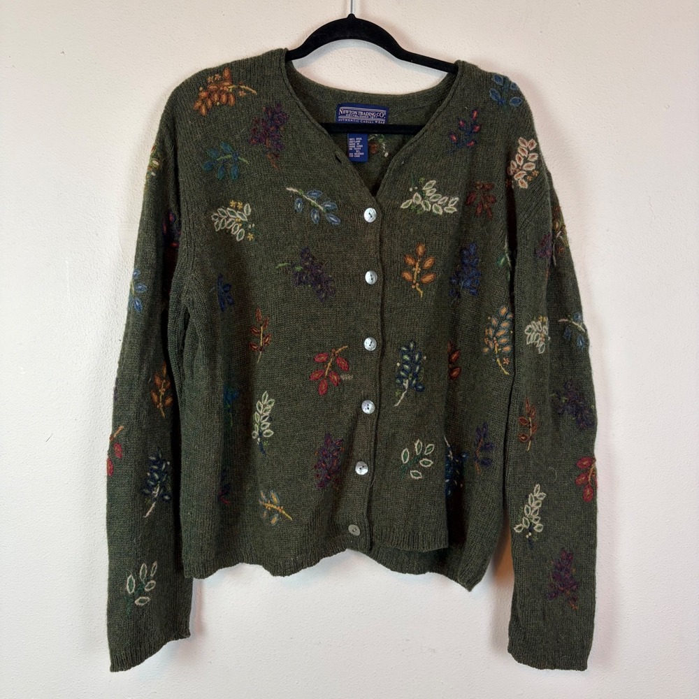 Pendleton Olive Green Floral Embroidered Cardigan Sweater